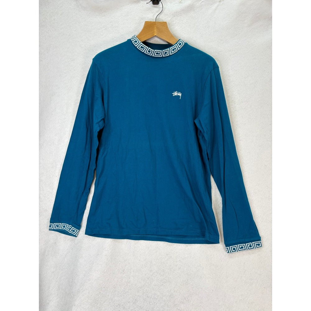 Stussy Mens Sz Large Teal Greek Key Trim Long Sleeve Crewneck Shirt Streetwear